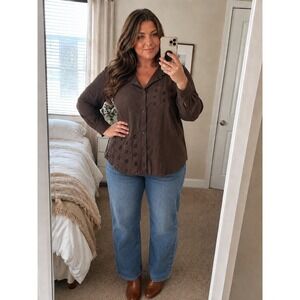 Womens Floral Eyelet Button Down Shirt 3X Brown Long Sleeve Cottage Boho Earthy